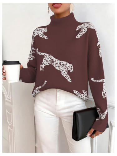 Image of WDIRARA Women's Leopard Tiger Print Sweater High Neck Long Sleeve Fuzzy Knitted Pullover Top