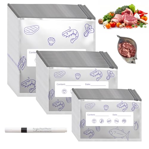 SPOKKI 60 Stück Gefrierbeutel Zipper 3 Größen Verschließbare Aufbewahrungsbeutel aus Aluminiumfolie Lebensmittel Gefriertaschen für Fleisch Meeresfrüchte Gemüse Lebensmittellagerbehälter