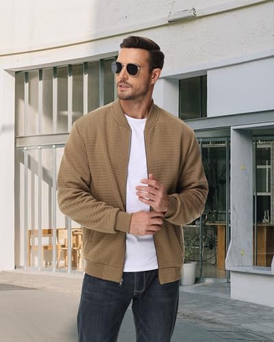 Image of YuKaiChen Mens Lightweight Bomber Jacket Casual Plaid Jacquard Varsity Jacket Coat with Zipper Pockets