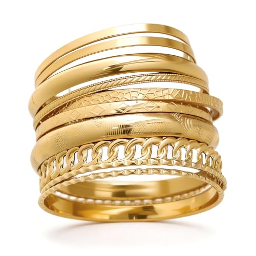 Image of IF ME Gold Bangle Bracelets for Women, Indian Bangles Stackable Set, Multi Layer Textured 18K Gold Plated Chunky Bracelets Boho Jewelrys Set