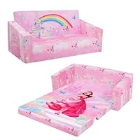 Decalsweet Foldable Kids Sofa,Double Seat 2 in 1 Flip Open Kids Sofa Bed with Pocket,Comfortable Children's Sofa for Bedroom Nursery Playroom,Gift for Girls-Princess Castle