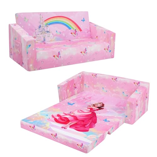 Canapé Enfants Canapé-Lit 2 Places Convertible, Lit Pliant 2 en 1 Fauteuil Enfant Stable avec Tapis Antidérapant, Chaise-Lit Couchette Enfant pour Chambre...