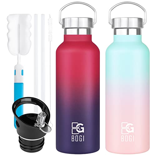 BOGI 20oz Insulated Stainless Steel Water Bottles - 2 Pack Wide Mouth Leakproof with Straw and Handle, BPA Free for School, Fitness, Outdoor Sports