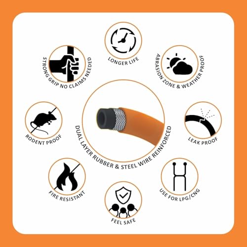 Image of SR LPG Hose Pipe 1.5 Meter | Flame Resistant & Leak Proof Gas Pipe | Reinforced Steel Wire Inside, Heavy Duty Rubber Outside | with 2 Clamps | LPG Tube for Home Kitchen (1.5 Meter)