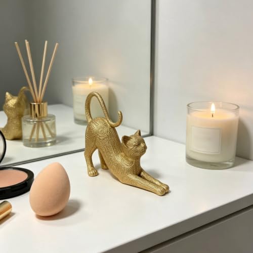 Chat étiré doré résine finition unie statuette decorative maison