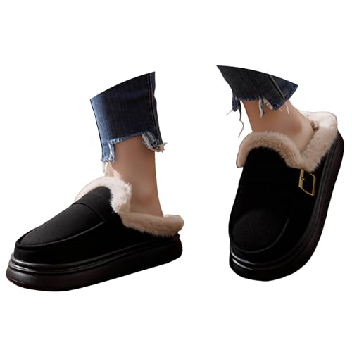 Women's Fuzzy Platform Slippers with Adjustable Buckle, Non-Slip Sole Cozy Comfy Warm Faux Fleece Lined Winter Shoes Indoor Outdoor Slip On Memory Foam Fuzzy House Slippers Plush Slides