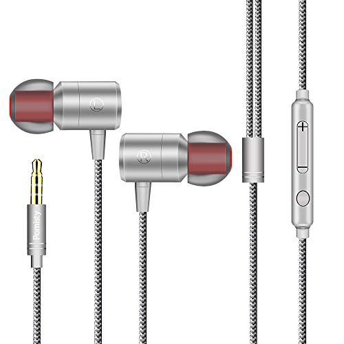 Pomisty - Auriculares intraurales con micrófono, Alta fidelidad, Graves potentes, cancelación de Ruido, estéreo, Cable con Conector Jack de 3,5 mm para Smartphone y Reproductores de MP3, etc. Plata
