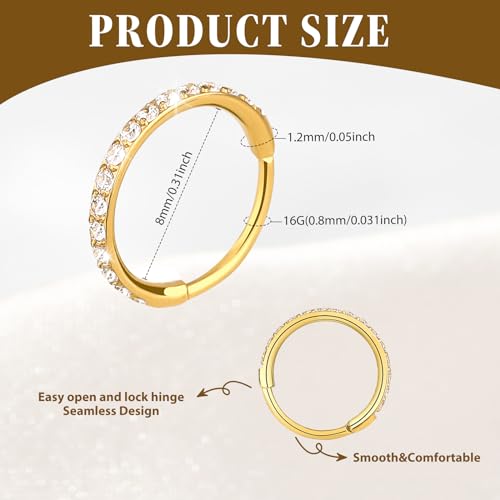 Lusofie 18K Nose Ring Hoop with Zirconia Hinged Nose Rings Surgical Steel Nose Piercings Septum Rings Fake Nose Ring Hoop Nose Rings for Women Man (Gold)