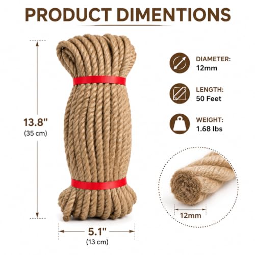 Image of Jute Rope, 12MM x 50FT Heavy Duty Thick Hemp Rope for Cat Scratching Post, Bundling, Gardening and DIY Crafts