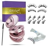 Chlffua Magnetische Wimpern Pink Set – 4 Paare Falsche Wimpern Natürlich Look mit Applikator, 3/4 Halb & Vollwimpern, Wiederverwendbare Magnetwimpern ohne Kleber, 3-Lagen Box mit Spiegel