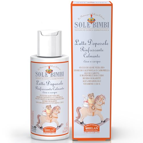 Helan, Sole Bimbi, Leche After Sun Niños, Crema Hidratante Corporal y Facial con Áloe Vera, Crema Después del Sol con Flores de Caléndula y Manzanilla, Aceite de Jojoba, de Oliva y Vitamina E - 150 ml
