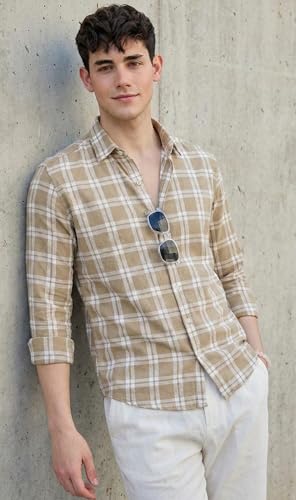 Image of U TURN Men's Casual Plaid Button-Down Shirt, Khaki and White Checkerd Shirt Stylish