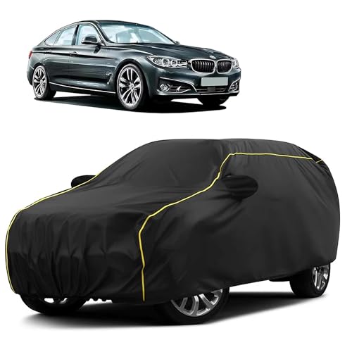 Image of Sulfar 100% Water Resistant Car Body Cover Compatible with Mirror for BMW 3 Series GT (Triple Stitched, Full Bottom Elastic, Black Taffeta with Yellow Piping)