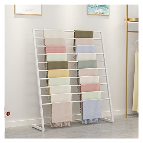 UWYTGF 10 Layer Metal Scarf Holder Floorstanding,Shawl/Hijab/Ribbon/Blanket Multi-Purpose Show Rack,Large Capacity Pants Hanger,with Anti-Slip Feet Pads,White,Length,60Cm/23.6In