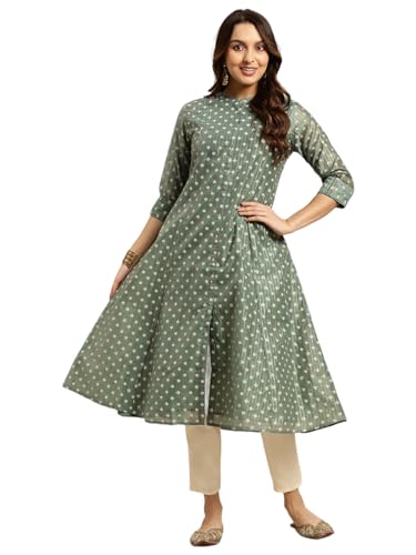 Image of rangita Off White Chanderi Calf Length Printed Flared Kurti for Women | Kurta for Women