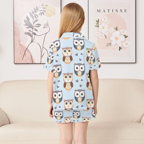 ALAZA Owl Blue Love Heart Pajamas Satin Pajama Set Short Sleeve Button Down Sleepwear4