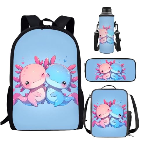 Kawaii Axolotl School Backpack for Girls 10-12 with Lunch Box Salamander Kids Bookbag Lunchbox Elementary Student Book Bag for Girls 8-10/6-8 Lunch Bag Pencil Case Water Bottle Holder Set