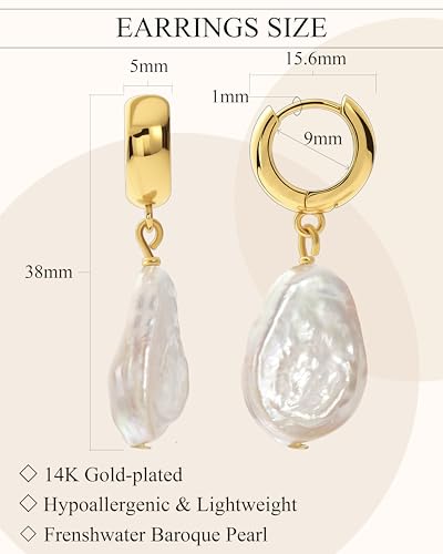 Freshwater Baroque Pearl Drop Dangle Earrings for Women, 14K Gold-plated Chunky Pearl Hoop Earring for Sensitive Ears, Big Hoop Huggie Drop Dangle Earring Hypoallergenic Trendy for Women Gifts4