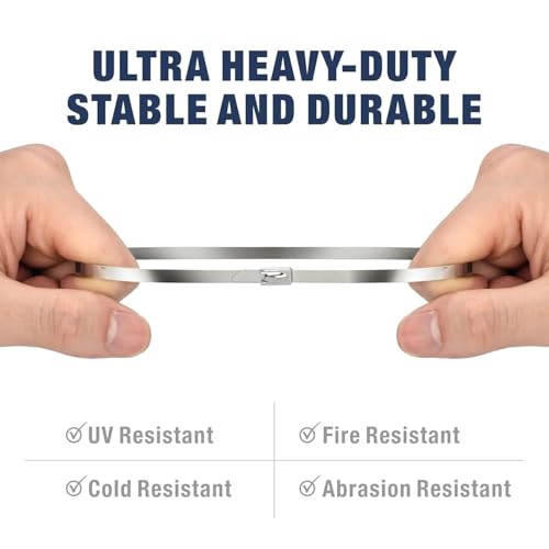 Image of Metal Cable Zip Ties 12 Inch Heavy Duty Stainless Steel Self-Locking Cable Ties for Machinery, Vehicles, Farms, Pipes, Roofs, Cables & Outdoor Applications (50)