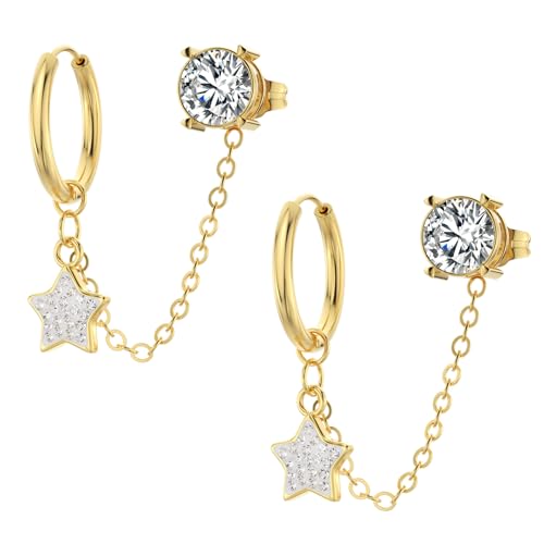 14K Gold Chain Earrings for Women - Double Piercing Dangle Chain, Detachable Huggie Hoop Earrings with Cubic Zirconia Studs & Anchor Dangle Design, 316L Surgical Steel Hypoallergenic Earrings.