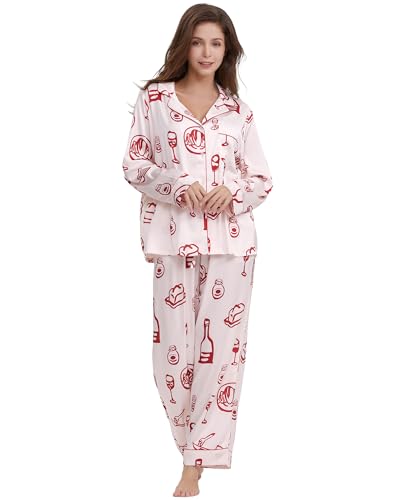 Image of YiNi LuLu Womens Silk Satin Pajamas Set Button Down 2 Piece Pjs Long Sleeve Oversized Sleepwear with Pockets