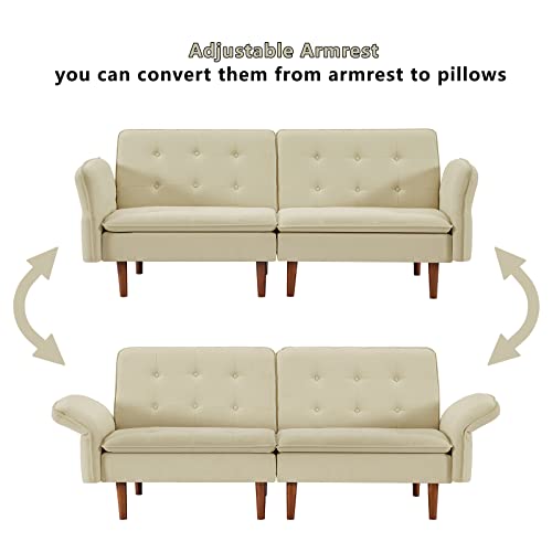 Aoowow Convertible Futon Sofa Bed, Modern Reclining Futon Loveseat Couch With Adjustable Armrest 4 Side Pockets And 8 Tapered Legs Folding Sleeper Sofa For Dorm Room Living Room Bedroom Office, Beige #TOP3