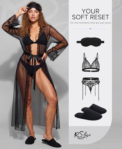 Image of RSLOVE Lingerie for Women Sexy Long Lace Kimono Robe Mesh Chemise Lace Gown Swimsuit Cover Up