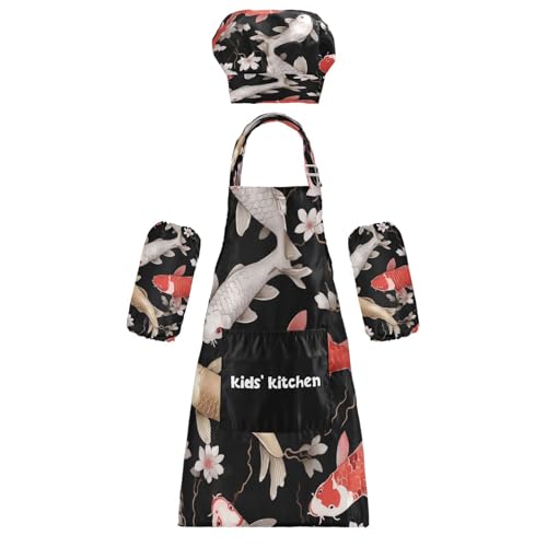 Bulletgxll Koi Fish Kids Apron and Chef Hat Set Adjustable Bib Aprons with Pockets for Cooking Baking Painting
