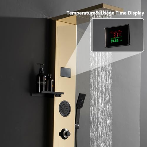 5 in 1 Brushed Gold Rainfall Shower Panel Tower System With Storage Shelf by BATHLAVISH - Image 4