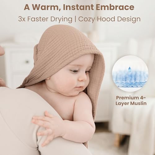 Image of Konssy 2-Pack Muslin Hooded Baby Towels, 100% Cotton, Ultra-Soft & Absorbent Baby Bath Towels with Hood for Newborn & Infant (Cream, Camel,32 inch x 32 inch)