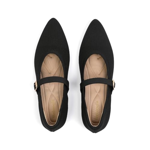 Women's Pointed Toe Knit Mary Jane Ballet Flats for Office Casual Wear Stretchy Dressy Slip-On Shoes with Arch Support