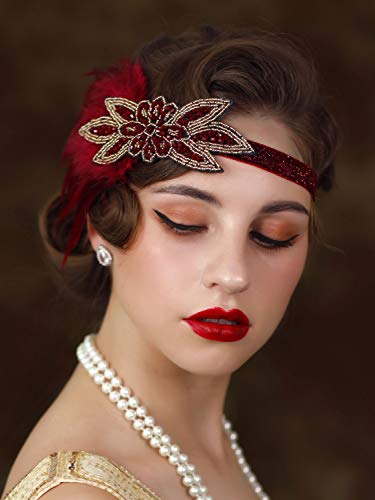 Sweetv 1920S Flapper Feather Headband, 20S Sequined Showgirl Headpiece, Gatsby Hair Accessories For Women (Burgundy) #TOP4