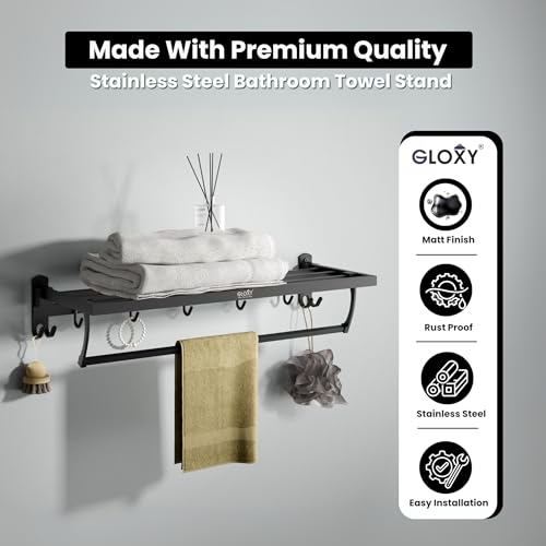 Image of Gloxy Premium Towel Holder in Bathroom with Towel Rod & Hooks - 24 Inch Black Matte Finish Stainless Steel Bathroom Towel Hanger for Wall Mount - Bathroom Towel Stand for Bathroom Accessories Set