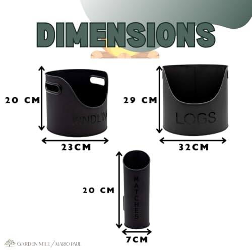 Marco Paul Log, Kindling and Matchstick Holder Set Fireside Accessories for Home Fireplace Management Black Metal Bucket Set Indoor Fire Equipment Wooden Log Bucket