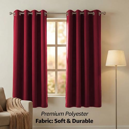 Image of amazon basics - Room Darkening Blackout Window Curtains, 100% Room Darkening | 5 Feet |Set of 2| Plain Design | for Living Room and Bedroom | 115cmx150cm, Color- Maroon