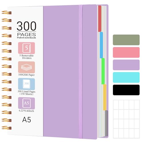MOFELON A5 Notebook, Notepad, A5 Notebook with Dividers, 300 Pages 100GSM Thick Wirebound Spiral Notebooks for Writing, PVC Hardcover Note Book for Work Office School, 21.5 x 15.8cm,Purple
