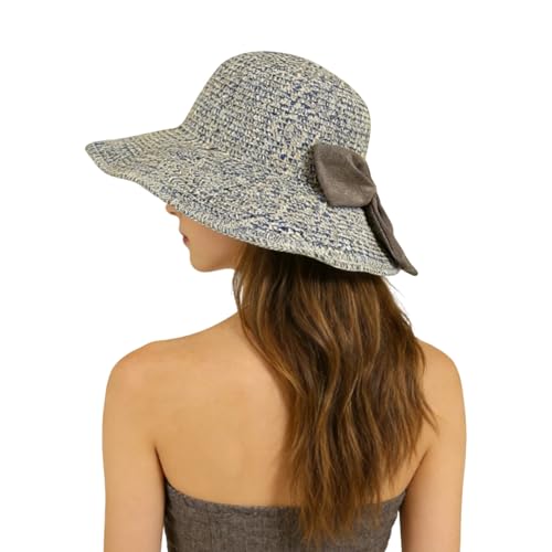 Sombrero de paja ancho para mujer con moño azul miniatura 6