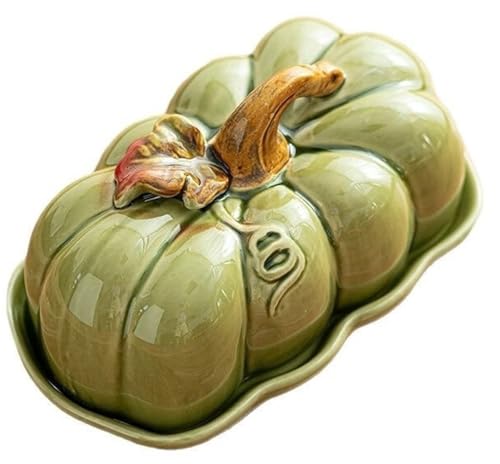 ハロウィンかぼちゃバターディッシュ 蓋付き 陶器製 かわいいかぼちゃバターディッシュ 秋 キッチンカウンタートップトレイ ハロウィンかぼちゃ型スナックプレート&チーズボード(Green)