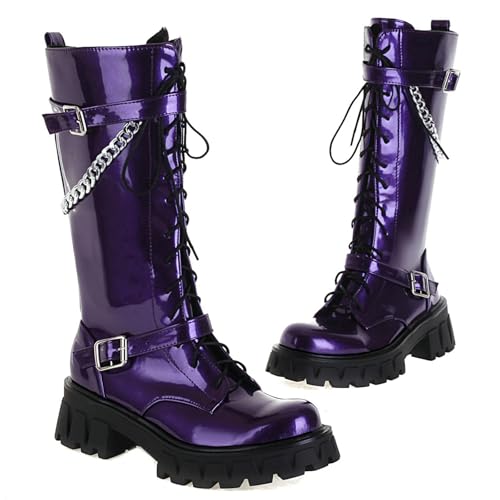 Parisuit Womens Lug Sole Platform Combat Boots Chunky Heel Knee High Goth Boots Lace Up Mid Calf Boots with Buckle and Chain2