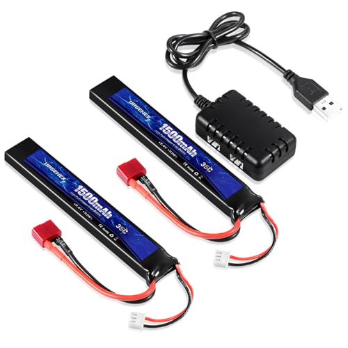 URGENEX Airsoft Battery 7.4V 1500mAh 35C High Discharge Rate Lipo Battery Pack with Dean-Style T Plug Rechargeable 3S RC Lipo with 1TO2 USB Charger Fit for Airsoft Model Guns