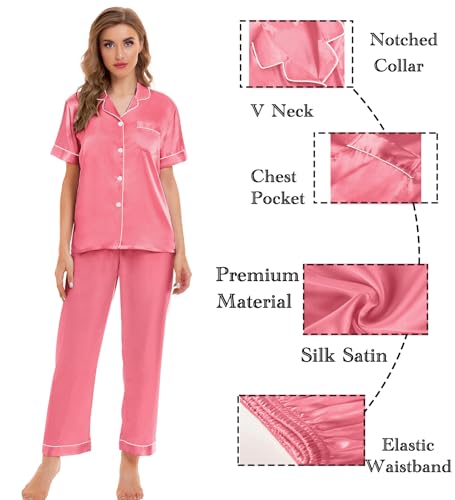 Image of SWOMOG Womens Silk Satin Pajamas Sets 4pcs Sleepwear Sexy Cami Shorts Set and Button Down Short Sleeve Pjs Loungewear Coral Red Medium