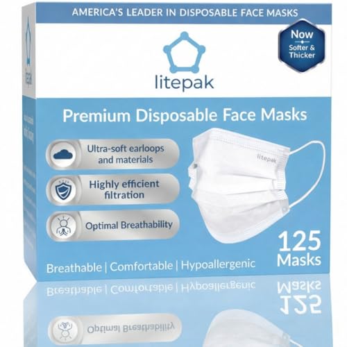 Litepak 125 Disposable Face Masks with Earloops, White