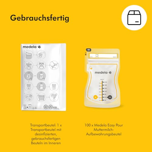 Medela Easy Pour Einweg-Muttermilchbeutel 210 ml – Auslaufsicheres Design mit Milchschutz – BPA-freie Aufbewahrungsbeutel – 100er Pack