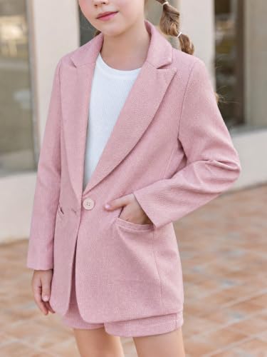 Image of Batermoon Girls Blazer Lapel Long Sleeve Blazer and Pants Set | 2 Piece Outfits Button Front Blazer and Short Pants Suit Sets 4-14 Years