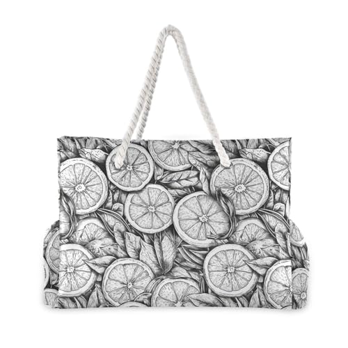 Black and White Lemon Sandproof zipper tote bags for travel with zipper work tote bags for women with pockets2