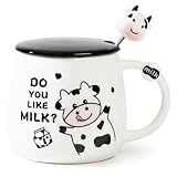 Keramik Kuh Tasse Personalisiert - Kaffeetasse Teetasse mit Deckel Löffel, Lustige Tassen Geschenke für Frauen Geburtstag Weihnachtsgeschenke