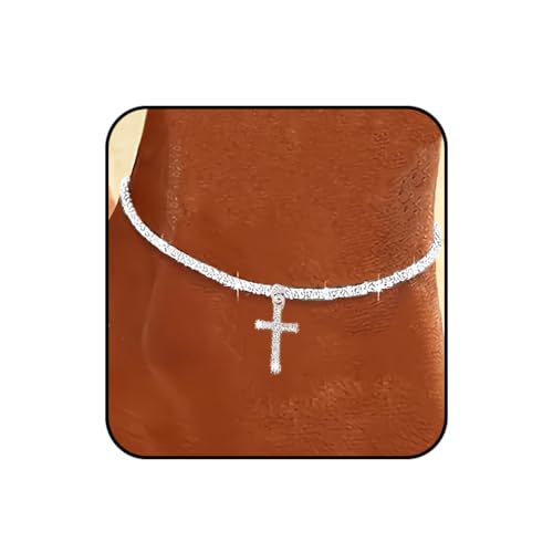 Flimire S925 Sterling Silver Anklets Dainty 14K Gold Plated Waterproof Ankle Bracelets Rhinestone Cross Layered Anklet Chain Glitter Fashion Foot Jewelry for Women(Sliver Single Layer+Cross)