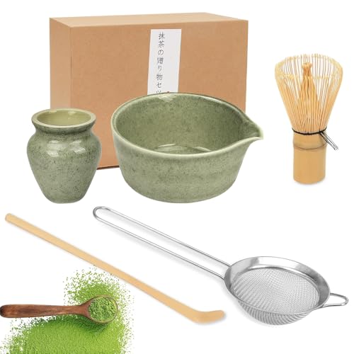 KBIBCK Matcha Whisk Set, 5 PCS Matcha Tea Set with Whisk and Bowl, Matcha Spoon, Whisk Holder, Reusable Matcha Making Kit for Traditional Japanese Tea Ceremony, Perfect Matcha Starter Kit (Green)