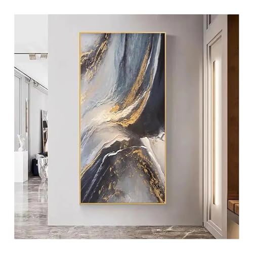 Toile murale abstraite océan bleu et feuille d'or - Tableau de mer contemporain 65x130cm