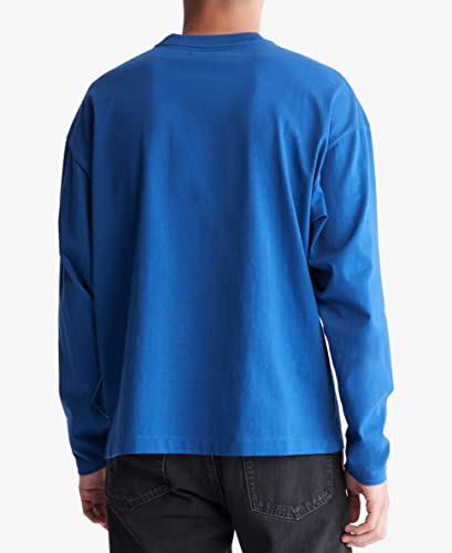 Calvin Klein Men's Relaxed Fit Standard Logo Crewneck Long Sleeve Tee, Blue Herald, Extra Large #TOP1